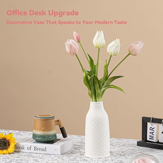 White Ceramic Vase with Chevron Texture - 8.6" Unique Flower Vase for Pampas Grass & Centerpieces, Decorative Boho/Farmhouse Vase for Living Room, Office Desk & Housewarming Gift (for Her/Yourself)