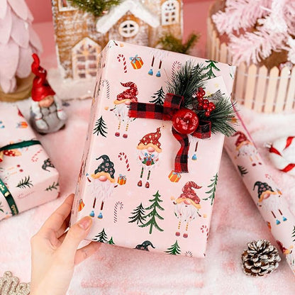 MAYPLUSS Christmas Wrapping Paper - 17 Inch X 33 Feet - Metallic Gift Wrapping Paper Christmas Tree Holly Cute Gnome Candy Cane Snowflakes Reversible Polka Dot for Holiday Party New Year Kids