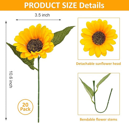 20 PCS Fake Silk Sunflowers Artificial Flower with Stems for Home Wedding Party Centerpieces Decoration Bridal Bouquets Tables Floral Arrangements Wreath DIY Art Crafts Decor