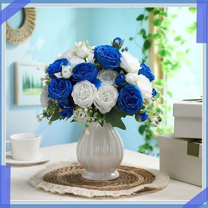Geosar 8 Bundles Artificial Peonies Flowers Fake Silk Peony Bouquet Faux Peonies Flowers Bulk for Decoration Vase Floral Arrangements Wedding Party Table (Royal Blue,White)