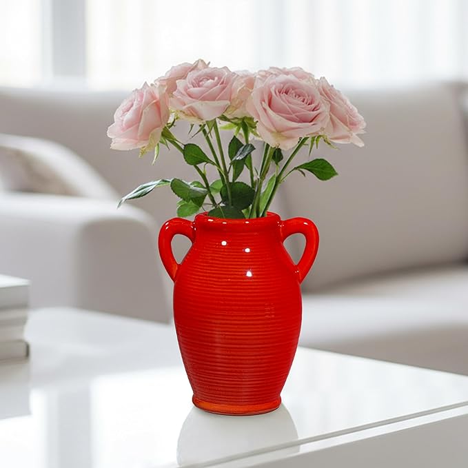 Sunddo Red Flower Vase for Home Decor, Modern Ceramic Vase for Centerpieces, Decorative Vase with 2 Handles, Kitchen, Bedroom, Office, Living Room & Bathroom, Shelf Decor, 8 Inch