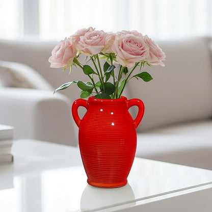 Sunddo Red Flower Vase for Home Decor, Modern Ceramic Vase for Centerpieces, Decorative Vase with 2 Handles, Kitchen, Bedroom, Office, Living Room & Bathroom, Shelf Decor, 8 Inch