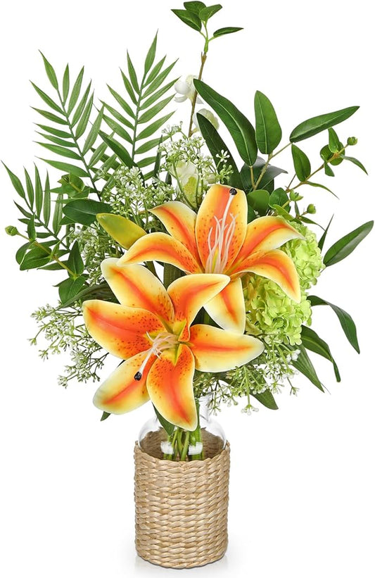 Hollyone Fake Flowers with Vase, Orange Silk Tiger Lily Artificial Flowers in Vase, Faux Plants and Flowers Arrangement Bouquets with Vases for Table Centerpieces Office Bathroom Home Decor