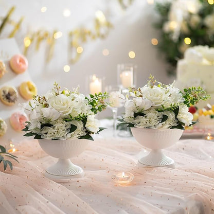 Sziqiqi Urn Vases for Wedding Centrepiece - 6in High White Metal Vase Set of 2 Small Vintage Flower Arrangement Pots for Table Centrepieces Elegant Hammered Vase for Christmas Anniversary Party