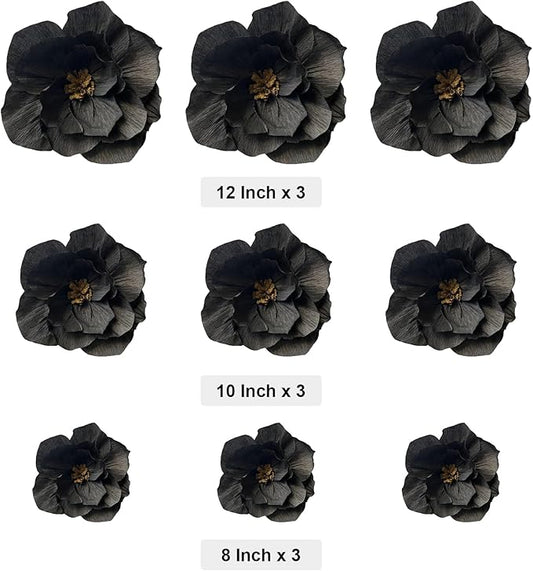BRT Bearingshui Black Paper Flowers Decoration for Wall Total 9 Pcs, Artificial Flowers for Wedding Decor,Flower Backdrop Decor, Baby Bridal Shower Birthday Party, Black 3D Wall Flowers Decor