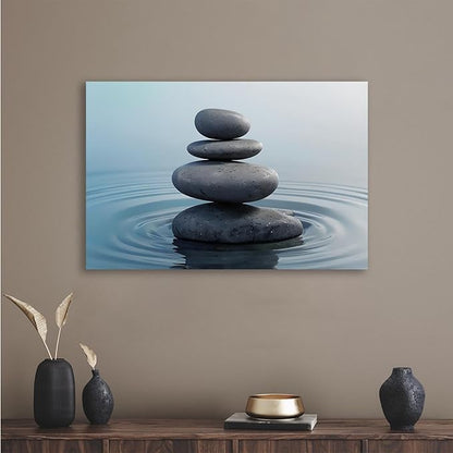 Zen wall art Harmonious grey stones stacked on a calm surface of water Serene Zen decor suitable for tranquil homes and spaces of meditation 24x36in Wood Framed
