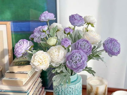 7 pcs Peonies Artificial Flowers, Purple Champagne Ranunculus Artificial Flowers, Fake Peonies for Home Office Centerpiece Table Decorations, Dining Table Centerpiece (Purple+Champagne)