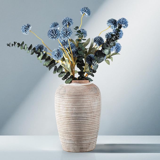 6 Artificial Silk Flowers + 3 Eucalyptus, Artificial Chrysanthemums with Stems for Home Decor, Dusty Blue