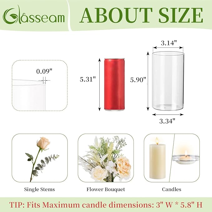 Glasseam Glass Cylinder Vases for Centerpieces, Small Clear Flower Vase Set of 12, Modern Floating Candle Vases Decor, Decorative Hurricane Candle Holders for Wedding Dining Table Decorations, 6in