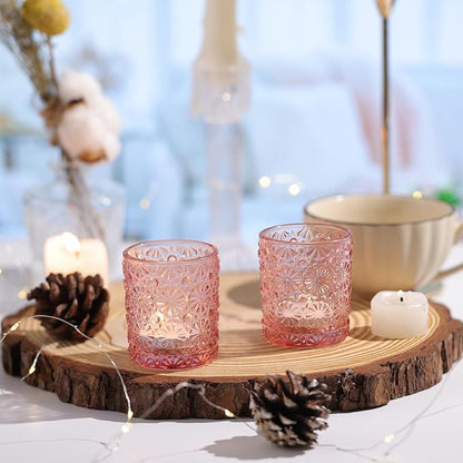 Pink Votive Candle Holder Set of 12, Flower Tea Lights Candles Holders for Wedding Table Centerpieces, Birthday Parties, Anniversary, Pink Bridal Shower and Holiday Decorations