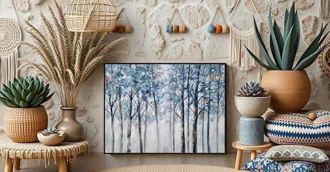 Yihui Arts Abstract Forest Wall Art Hand Painted Textured Blue Trees Canvas Painting with Gold Foil Modern Framed Artwork for Living Room Decor