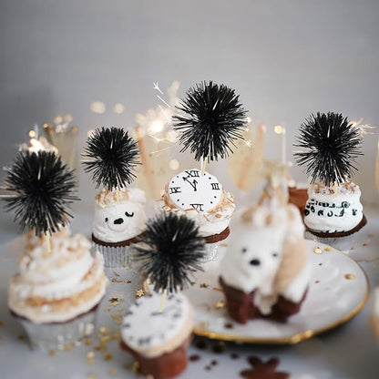 Gyufise 30Pcs Foil Firework Cupcake Toppers Sparkle Tinsel Cake Toppers Tinsel Drink Cake Decoration Cocktail Picks for Birthday Wedding Graduation Party Supplies Black