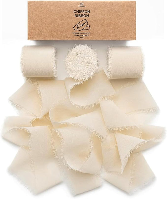 Vitalizart Light Nude Handmade Chiffon Silk Ribbon Fringe 3 Rolls 1.5" x 21 Yd Beige Frayed Edges Ribbons for Wedding Invitations Bridal Bouquets Gifts Wrapping Crafts Holiday Decor