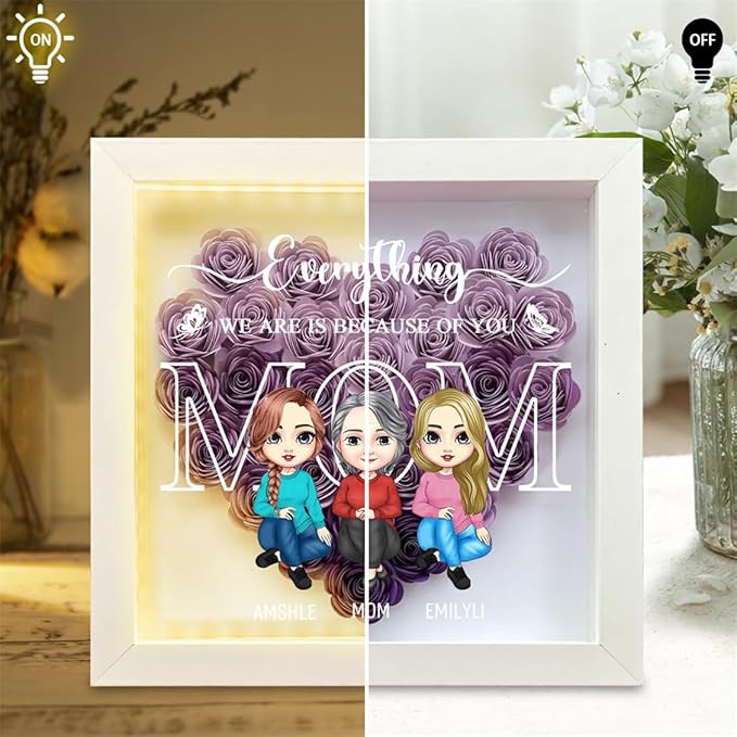 Personalized Mom Flower Shadow Box with LED Light Custom Heart Shaped Rose Flower Shadow Box Frame Mother's Day Rose Shadowbox Memory Gifts for Mom from Daughter Christmas Birthday,21