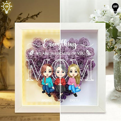 Personalized Mom Flower Shadow Box with LED Light Custom Heart Shaped Rose Flower Shadow Box Frame I Love You More Than All The Stars in The Sky Mother's Day Portrait Shadowbox Memory Gifts for Mom
