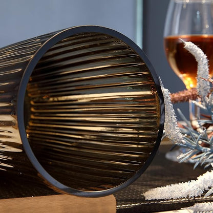 Small Cylinder Ribbed Brown Glass Flower Vase for Farmhouse Dining Table Centerpieces Decor