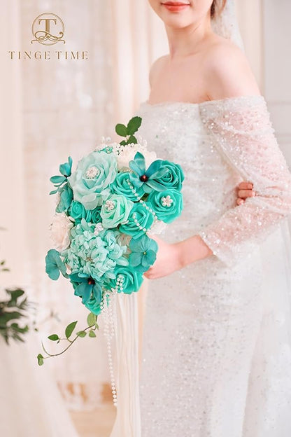 TINGE TIME 11 Inch Wedding Bouquets for Bride, Teal Green & Champagne Artificial Flowers Bouquet, Brides & Bridesmaids Bouquet for Wedding Anniversary Ceremony Bridal Shower Decorations