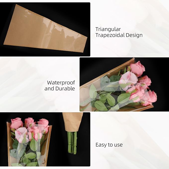 Motroce 50 PCS Flower Bags for Bouquets, 9.5 x 17.9 Inches Flower Wrapping Bags, Kraft Paper Floral Packing Sleeves Bouquet Bag Bulk for Florist's Floral Gift Bag Wedding Graduation, Brown