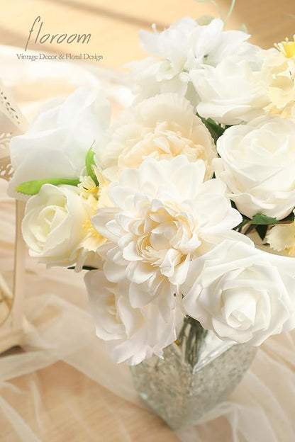 Floroom Cream White Artificial Flowers Ivory Fake Roses Peonies Dahlias and Greenery Combo Box Set for DIY Wedding Bouquets Bridal Shower Centerpieces Floral Arrangements Party Tables Home Decorations