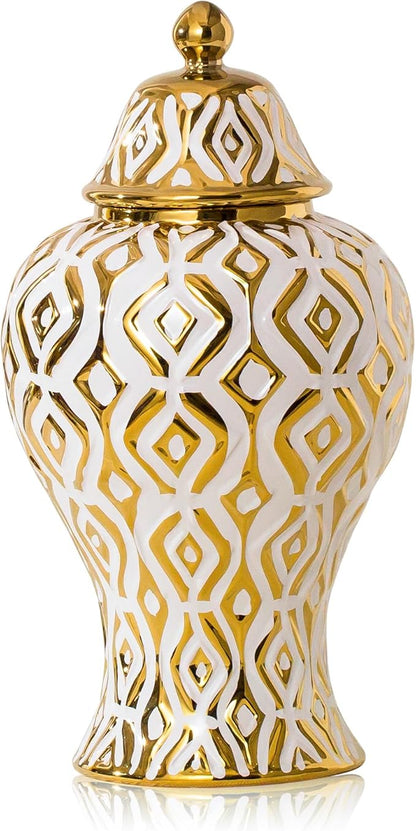 White and Gold Vase with Lid, Ginger Jars for Home Decor, Ceramic Flower Vase for Home, Kitchen, Bookshelf Decor, Storage jar, Table Center Vase, Centerpieces Jarrones(14.57in)