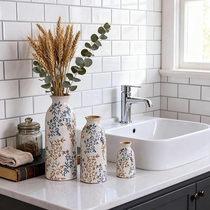 Ceramic Vase Set of 3, Blue and Beige Vintage Floral Glazed Vases for Home Decor, French Country Rustic Farmhouse Style Flower Vases, Grandmillennial Table Centerpiece for Living Room or Kitchen