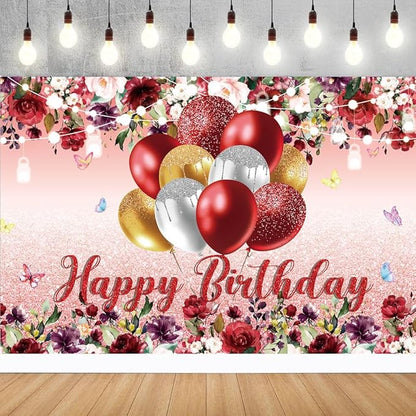 YinQin 180x120 cm Red Golden Flower Happy Birthday Party Photo Backdrops Cloth 71x47 inch Bday Photography Backgrounds Glitter Flower Golden Happy Birthday Sign Banners Decorations for Women Girl