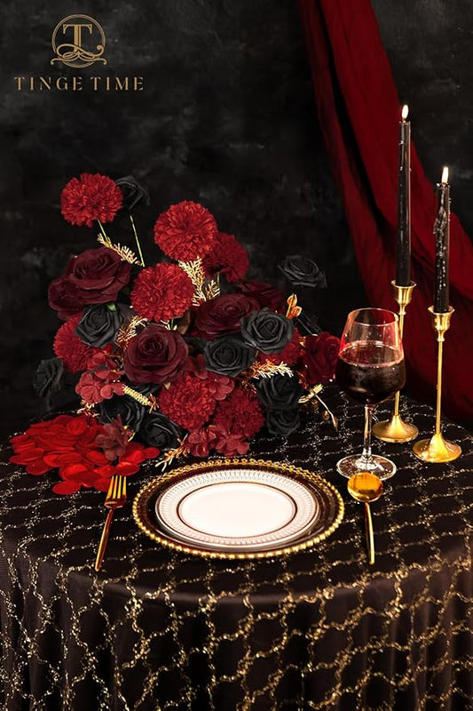 TINGE TIME Rose Artificial Flowers Combo, Gradient Color Faux Foam Roses with Stems for DIY Wedding Bridal Shower Party Table Centerpieces Fake Floral Arrangement Home Decor (Gothic Black & Red)
