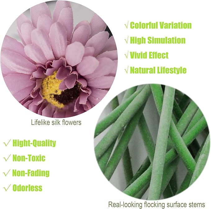 12pcs Artificial Gerbera Daisies,22 Inch Long Stem Silk Daisy Flowers,Realistic Artificial Flower Mums for Home Décor Centerpiece Wreath Supplies Wedding Bouquet,Elegant Purple