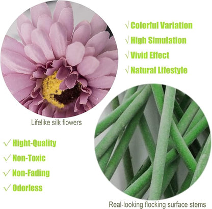 12pcs Artificial Gerbera Daisies,22 Inch Long Stem Silk Daisy Flowers,Realistic Artificial Flower Mums for Home Décor Centerpiece Wreath Supplies Wedding Bouquet,Elegant Purple