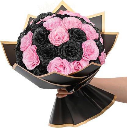 Waipfaru Glitter Roses Bouquet, DIY Black & Pink Halloween Flowers Bouquet, Artificial Fake Rose for Halloween, Wedding, Anniversary, Engagement, 36 Pcs