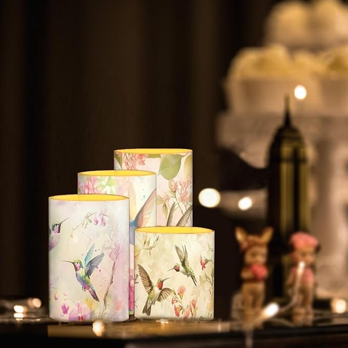 Vintage Flower Hummingbird Flameless Candles Battery Powered LED Pillar Candles Tealights with Remote Timer Color Changing Control for Home Decor Set of 4
