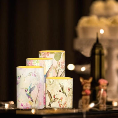 Vintage Flower Hummingbird Flameless Candles Battery Powered LED Pillar Candles Tealights with Remote Timer Color Changing Control for Home Decor Set of 4