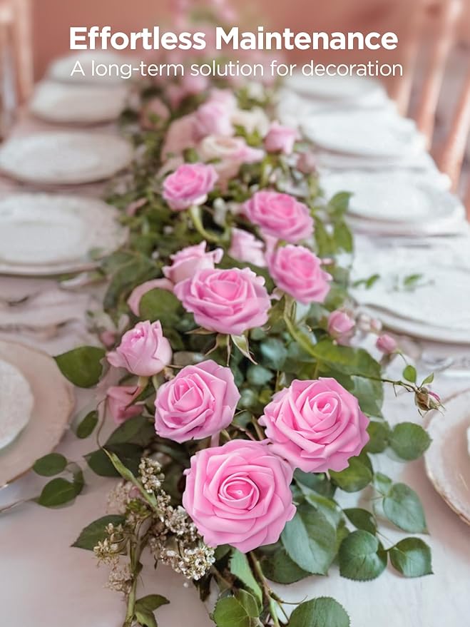 InnoGear Artificial Flowers, 100 Pcs Pink Foam Fake Roses Bulk with Stems for Decoration DIY Wedding Bouquets Centerpieces Bridal Shower Party Valentines Christmas Tree