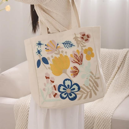 Aesthetic Embroidery Tote Bag for Lady Cute Reusable Canvas Shoulder Bag for Girls Women Shopping Grocery