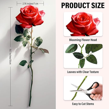 20PCS Artificial Roses with Long Stems - Realistic Silk Flowers, Fake Roses Real Touch Bouquet of Roses for Home Decor, Bridal Wedding Party Table Centerpieces, Bulk Faux Rose Flowers (Red)
