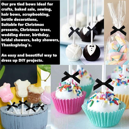 100 Pack 3" Black Satin Twist Tie Bows, Twist Bows for Treats, Ribbon Bows with Twist Ties Gift Wrap Bows, Pretied Bows Ties for Cake Pops, Baby Shower, Sweets Packaging, Party Favors Gifts
