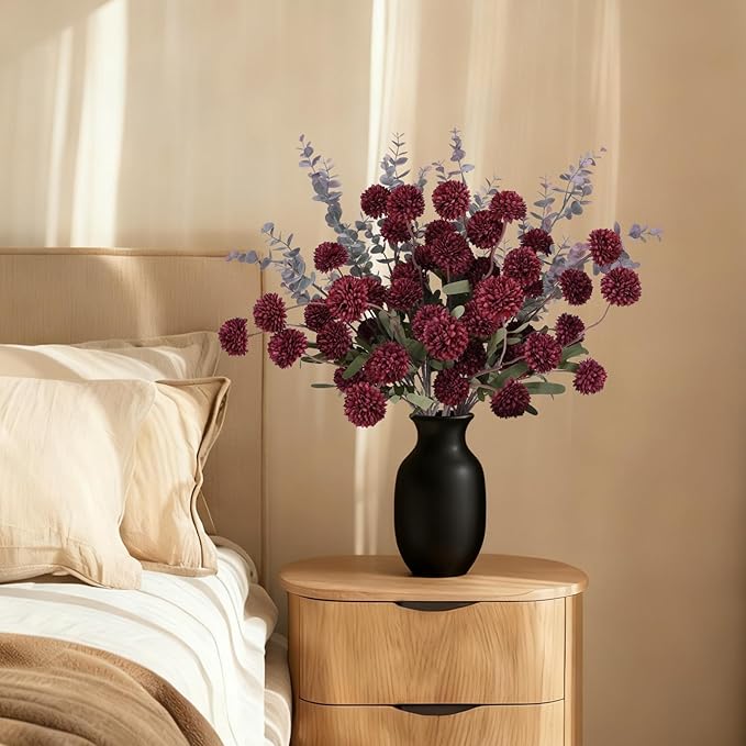 Burgundy Pompon Mum Artificial Flowers with Eucalyptus – 10 Bundles Fake Silk Flowers for Vase , 21’’ Long Stems for Christmas Table Centerpieces, Winter Floral Arrangements & Rustic Home Décor