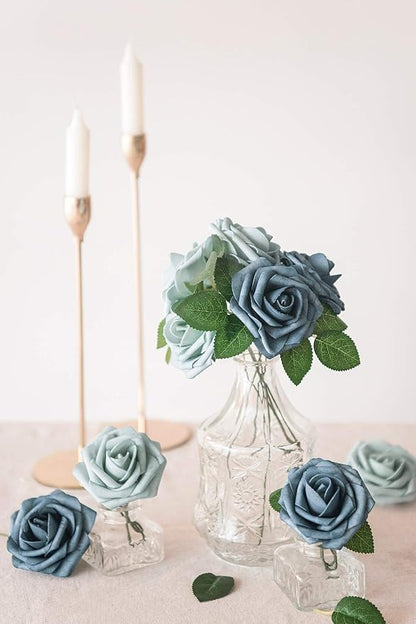 Ling's moment Artificial Flowers 50Pcs Dusty Blue & Navy Roses Decor w/Stems,3" Real Touch DIY Foam Floral for Wedding Bouquet/Centerpieces, Outdoors Party Backdrop, Room/Table, and Garden/Pot Decor