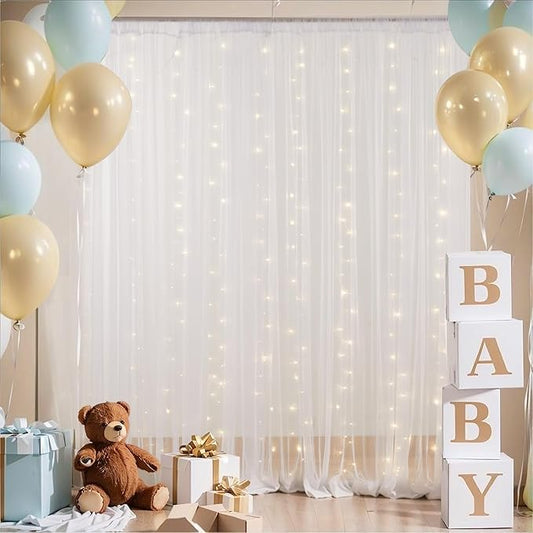 20x10ft White Tulle Backdrop Curtain with Lights String for Parites, Sheer Backdrop Curtains for Wedding Baby Shower Birthday Party Photo Shoot Decorations
