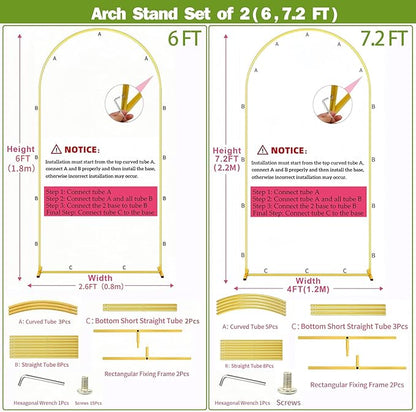 Metal Arch Backdrop Stand 7.2FT+6FT Wedding Arch Backdrop Stand Set of 2 Gold Arch Backdrop Stand for Party Wedding Ceremony Baby Shower Birthday Floral Balloon Decration