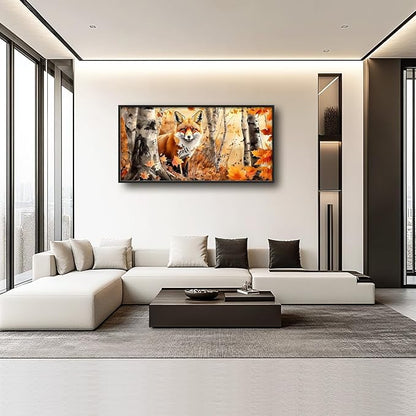 Large Fall Fox Wall Art for Living Room, Framed Oversized Autumn Forest Wall Decor Tree Maple Leaves Canvas Painting Modern Artwork for Living Room Bathroom Bedroom Office Dining Room 60"x30"