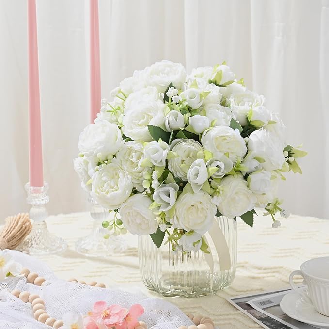 MARTINE MALL 8 Packs Peonies Artificial Flowers, White Artificial Peonies, Silk Peonies Flowers Fake Peonies Artificial Flowers Peonies Bouquet for Centerpiece Table Wedding Party Home Decor