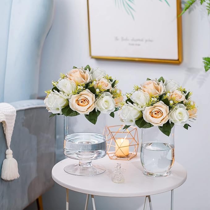 Sziqiqi Faux Silk Rose Flowers Artificial Flowers for Wedding Party Centerpiece Decorations Home Decorative Flowers, Champagne & White