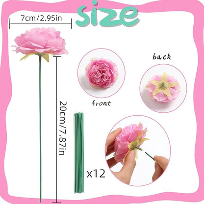 12 PCS Artificial Silk Rose Red Peony Flowers with Stems - 8 Inch Fake Peony Bouquet for Wedding, Home Decor, Office Table, Festival Gifts