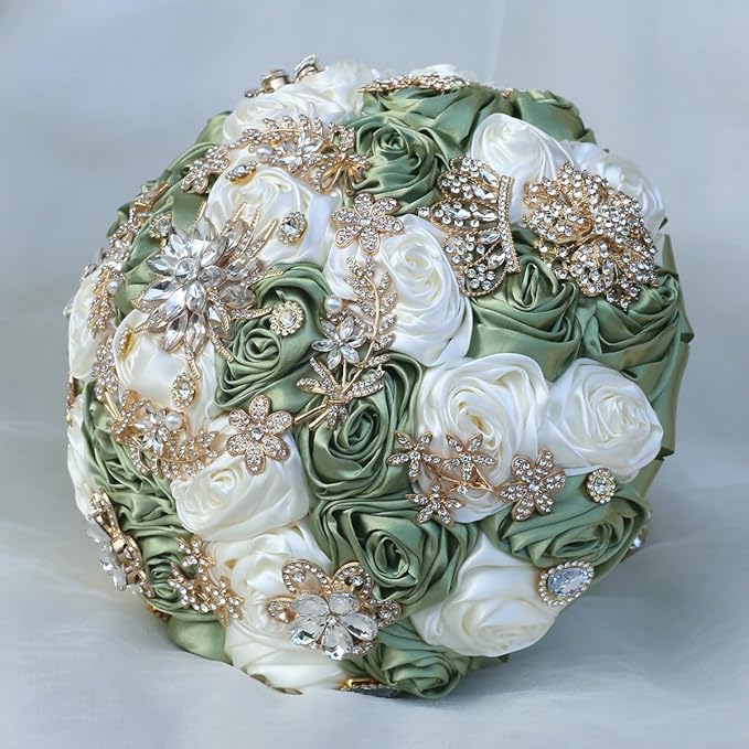 Handmade Satin Rose Floral Bling Pearl Decor Bridal Wedding Bouquet Rhinestone Pendant Artificial Brooch Flowers for Bride Bridesmaid Quinceanera