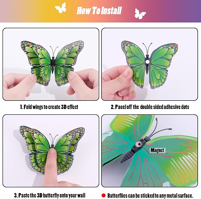 SAOROPEB 3D Butterfly Wall Decor, 24 Pcs Double Layer Butterfly Decorations for Party Decorations Locker Decor Refrigerator Decal, Reusable (Green)