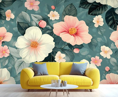 Vintage Hibiscus Flower Wall Mural, Romantic Floral 3D Wall Murals, Botanical Bloom Design Wallpaper Mural, for Living Room Bedroom Large Wallpaper Indoor Decor 78.7" W x55.1 H