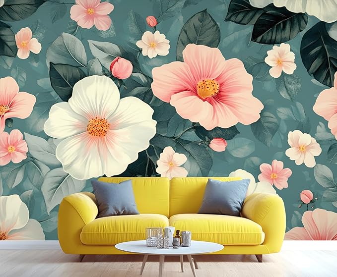Vintage Hibiscus Flower Wall Mural, Romantic Floral 3D Wall Murals, Botanical Bloom Design Wallpaper Mural, for Living Room Bedroom Large Wallpaper Indoor Decor 177.16" W x120 H