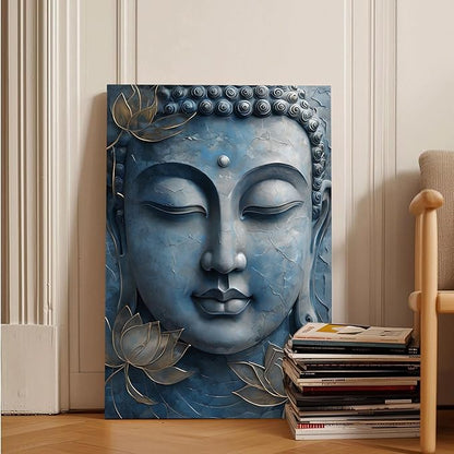 Canvas wall art Golden lotus crown Serene Buddha poster Ethereal blue toned art with delicate floral decor Zen wall art for a tranquil meditation space 12x18in Frameless