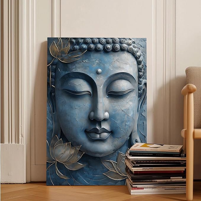 Canvas wall art Golden lotus crown Serene Buddha poster Ethereal blue toned art with delicate floral decor Zen wall art for a tranquil meditation space 32x48in Frameless
